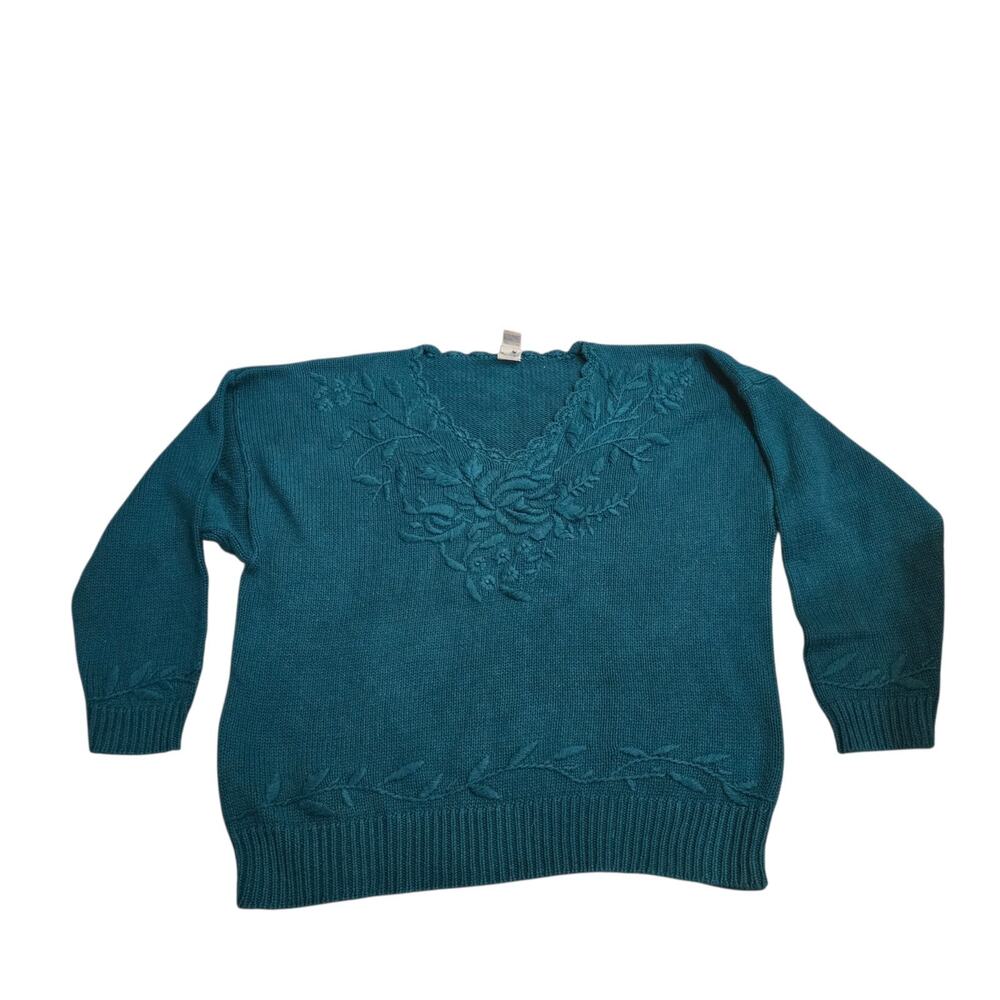 Vintage Grandmacore 24W Embroidered Green Pull Over Knit Sweater 80's 90's
